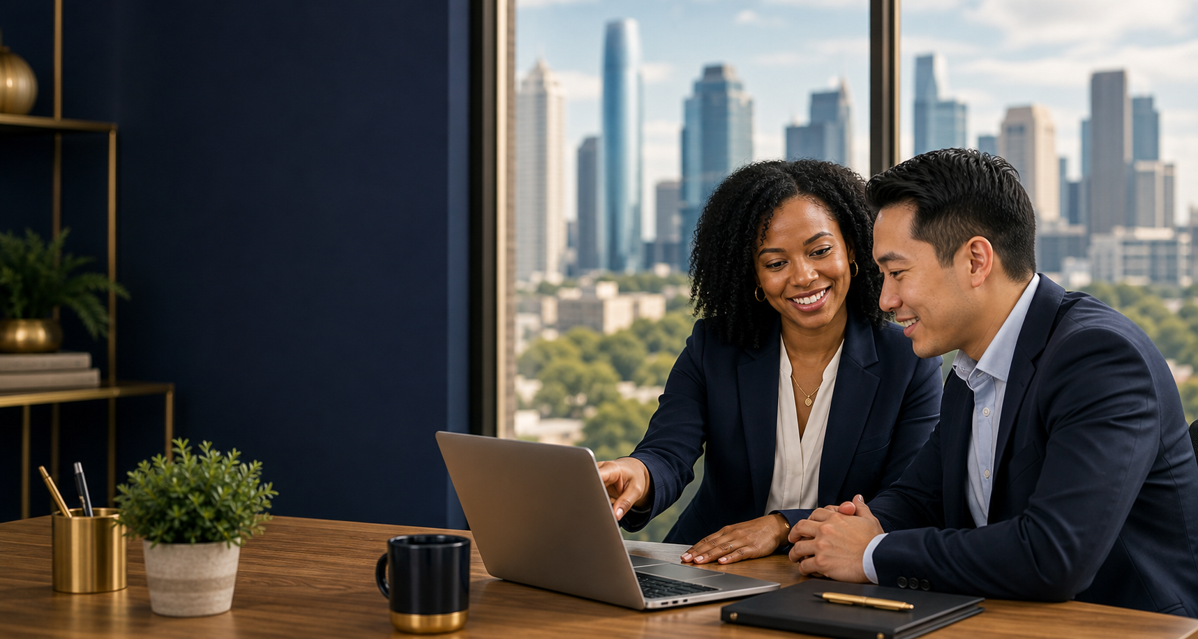 A recruiter and candidate collaborating at a laptop in a modern office.